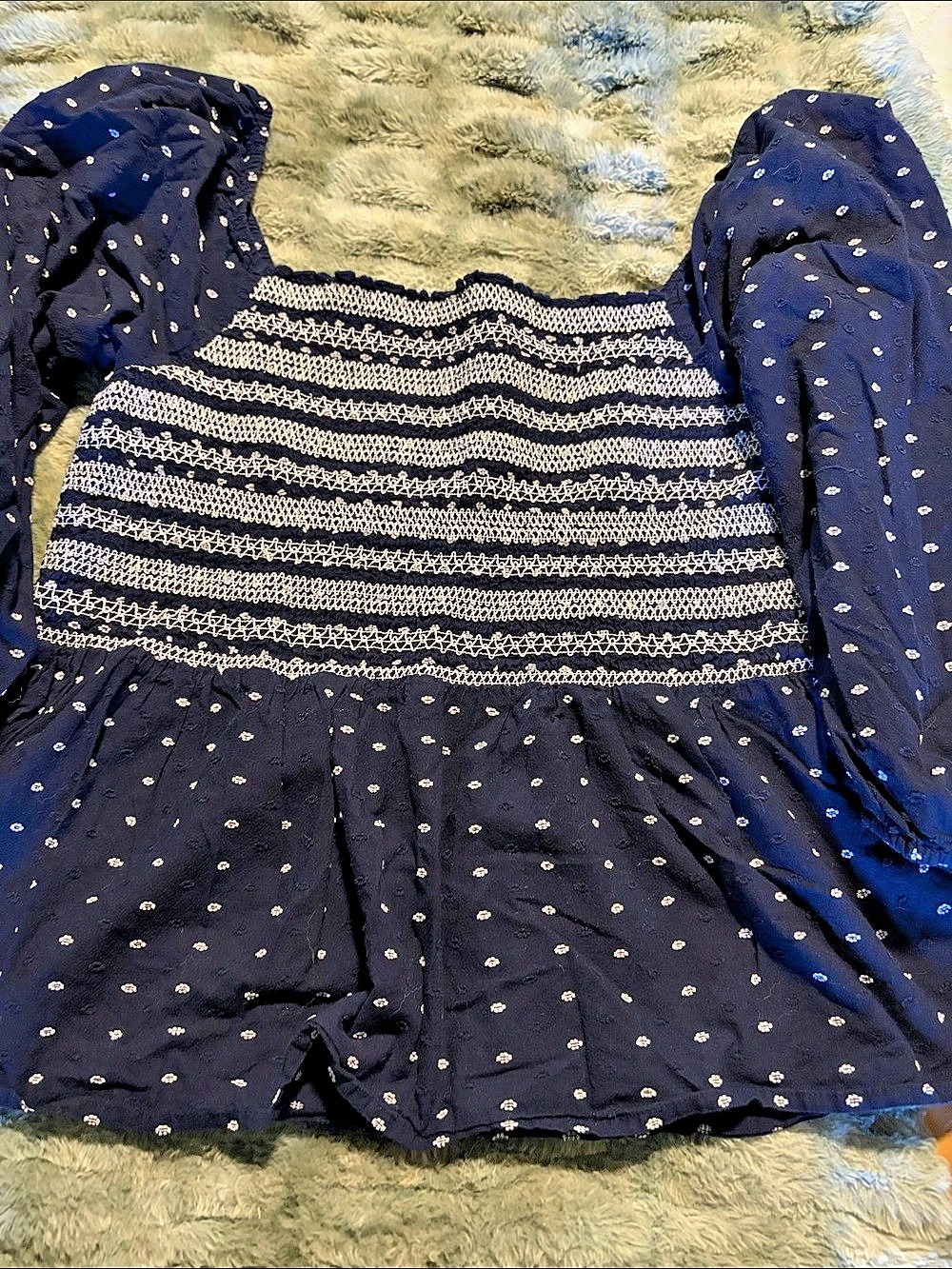 Crown & Ivy Smocked Swiss Dot Peplum Top Blue & White XXL